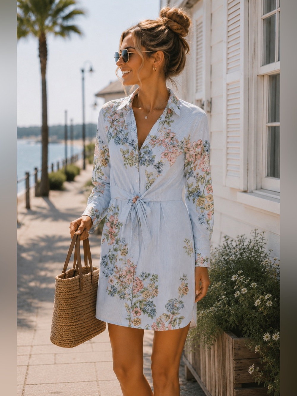 Karri Blue Floral button up sunmer Dress Coastal brunch bridal shower classic